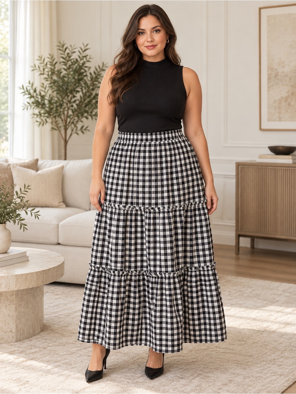 SHEIN Black White Gingham Tiered Maxi Skirt Size L